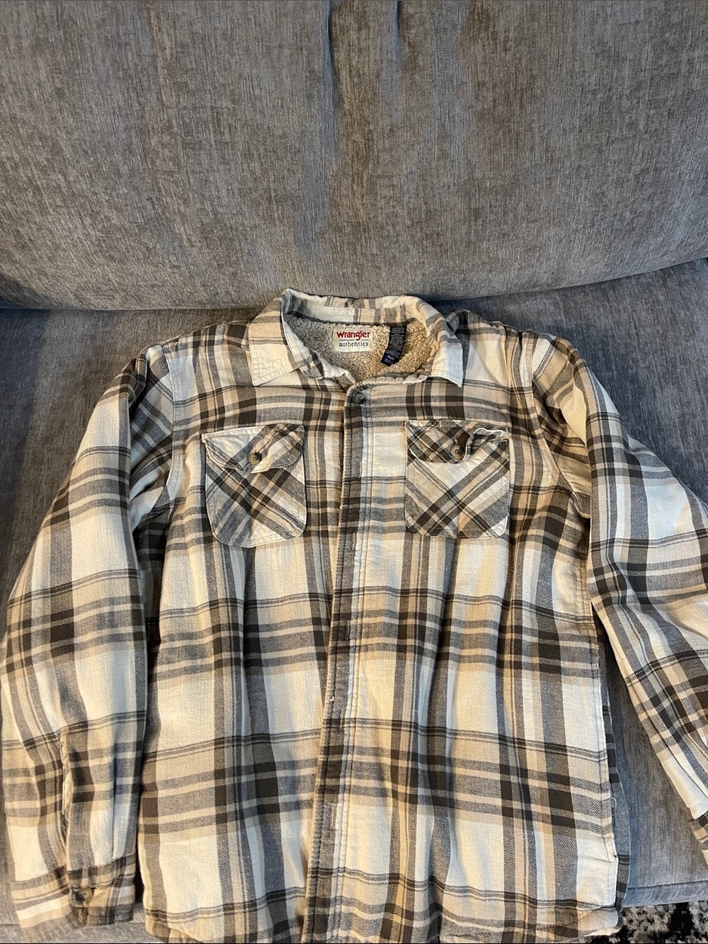 Wrangler Brown and Cream Plaid Button-Up Flannel Over Shirt Sherpa Liner